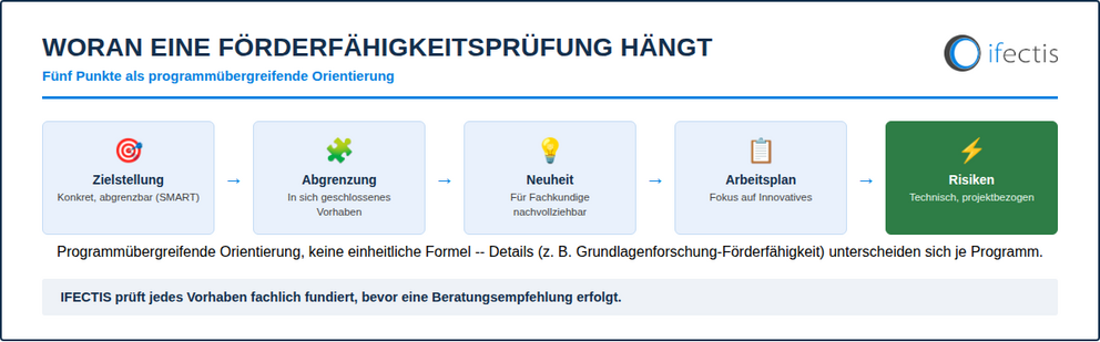 Fünf Prüfpunkte einer Förderfähigkeitsprüfung: Zielstellung, Abgrenzung, Neuheit, Arbeitsplan, Risiken